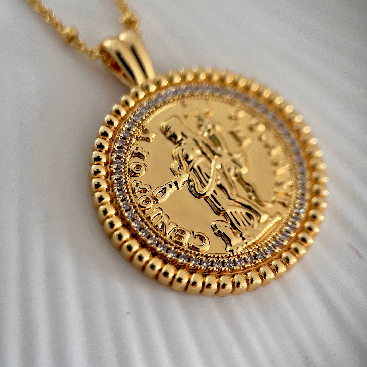 Gold Lunar Cubic Zirconia Coin Necklace