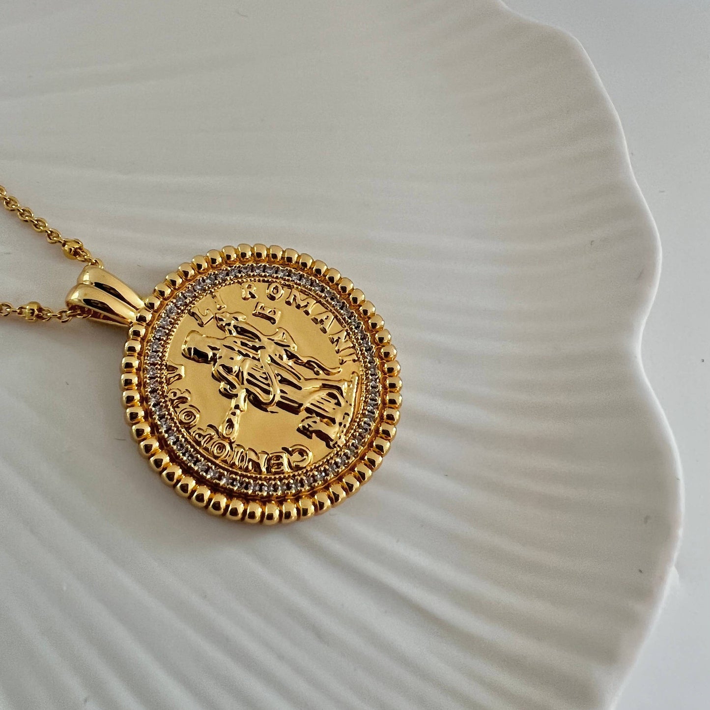 Gold Lunar Cubic Zirconia Coin Necklace